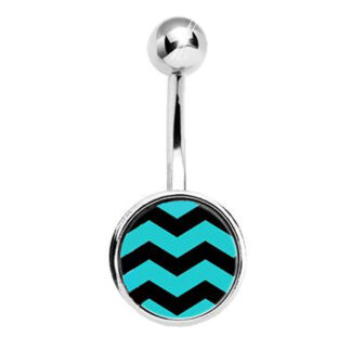 Aqua & Black Waves Printed 316L Surgical Stainless Steel Belly Bars