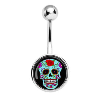 Day Of The Dead Skull 316L Surgical Stainless Steel Printed Belly Bars