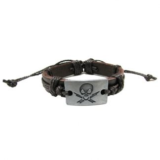 Dark Brown Leather Electrified Skull Alloy Plate Bracelets
