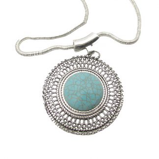 Large Round Turquoise & Tibetan Silver Amulet Rope Necklace (2)