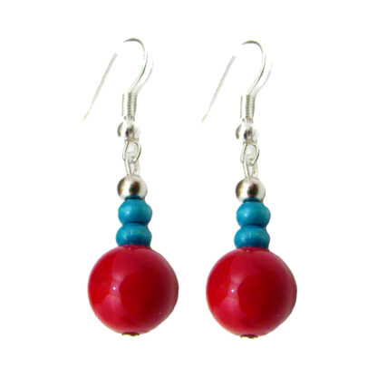 Red Coral and Blue Bead Silver Plated Earrings Main