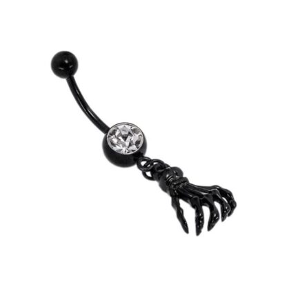 Black Skull Hand 316L Surgical Stainless Belly Dangle with Large CZ Crystal