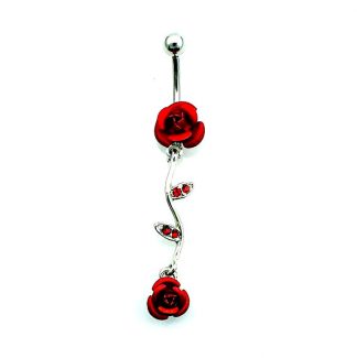 Double Red Rose CZ Gem 316L Surgical Steel Belly Dangles