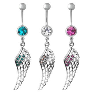 Large CZ Gem 316L Surgical Stainless Steel Feather Belly Dangle