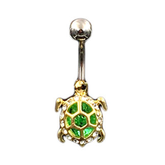 Large Peridot Gem Golden Turtle Stainless Steel Belly Ring Front