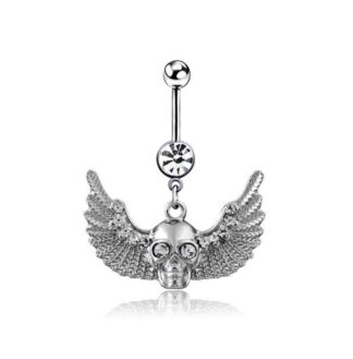 Crystal Gem 316L Stainless Steel Winged Skull Belly Ring