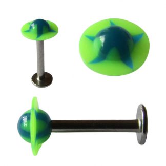 UFO Shaped UV Patterned Labret   Fluro Green with Blue Star