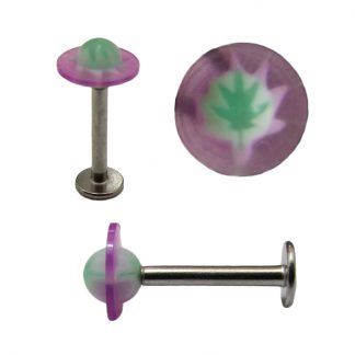 UFO Shaped UV Patterned Labret   Purple with Green Leaf