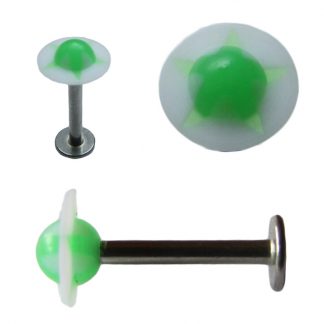 UFO Shaped UV Patterned Labret   White with Fluro Green Star