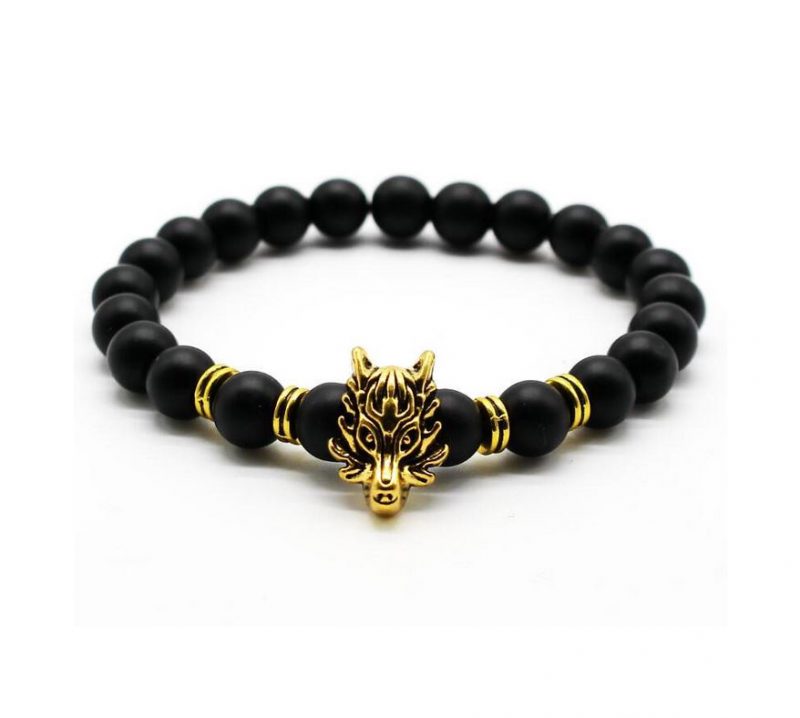 Gold Wolf Head Lava Stone Bead Bracelet - OZ Body Jewellery