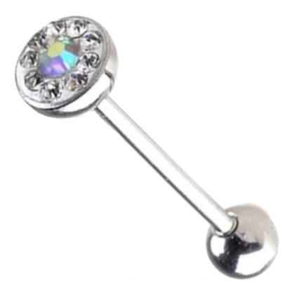 14g Opal CZ Gemstone 18mm 316L Stainless Steel Barbell Tongue Bar