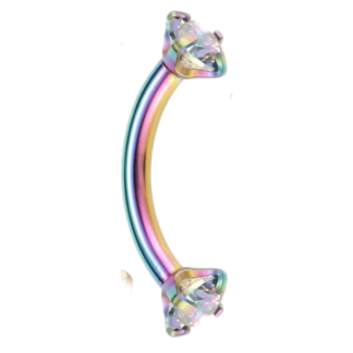 16G Rainbow & Opal Crystal 8mm Stainless Steel Internally Threaded Double CZ Gem Curved Barbell Eyebrow Tragus Piercing