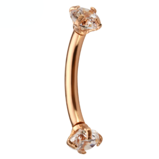 16G Rose Gold & Crystal 8mm Stainless Steel Internally Threaded Double CZ Gem Curved Barbell Eyebrow Tragus Piercing