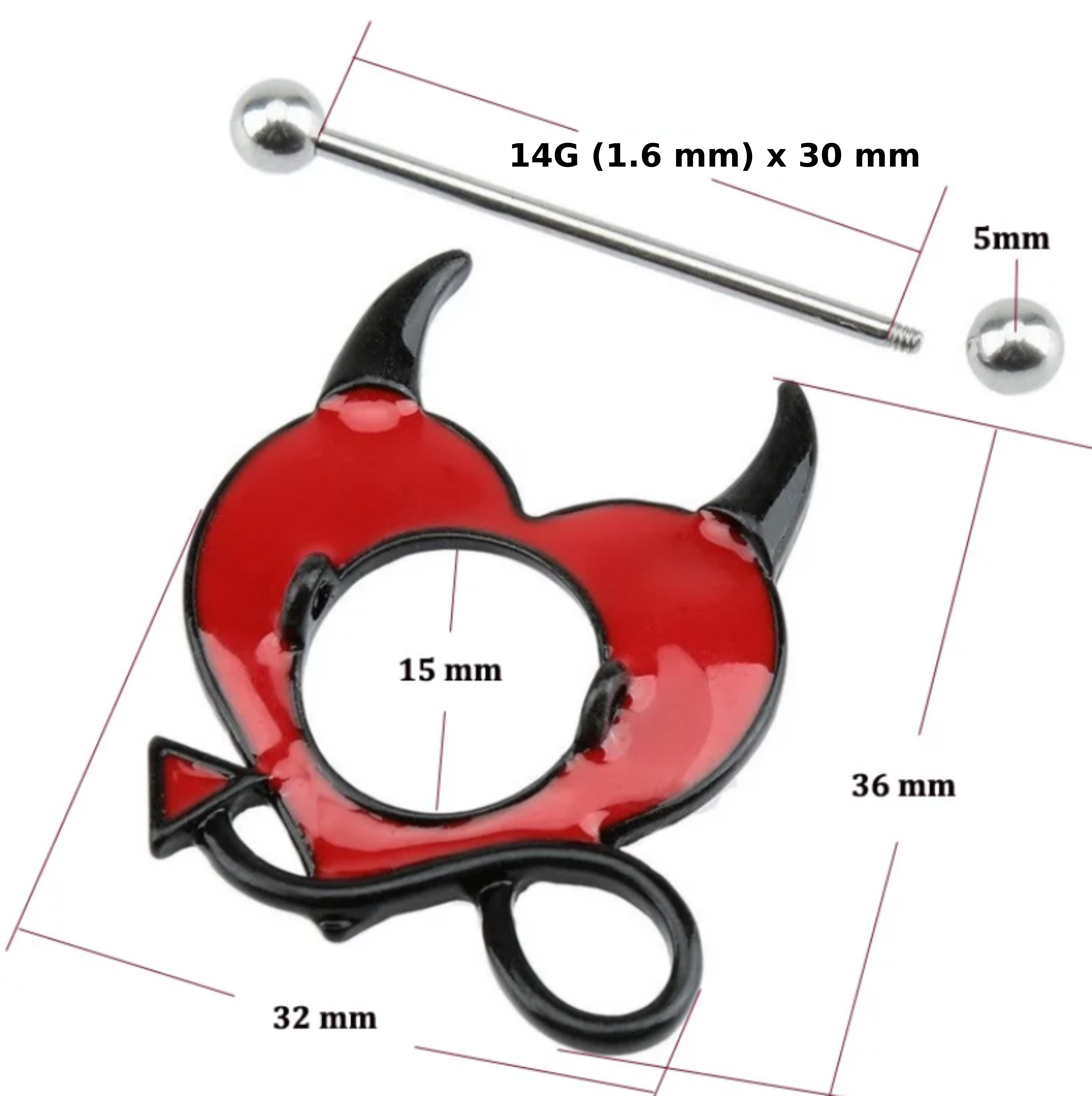14g 316L Stainless Steel Red Devil Heart Barbell Shield Piercings Measurements 